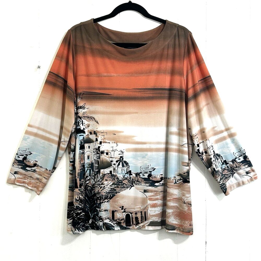 Investments Women’s Top Blouse Size 2X Stretch Brown Cream Abstract 3/4 Sleeve